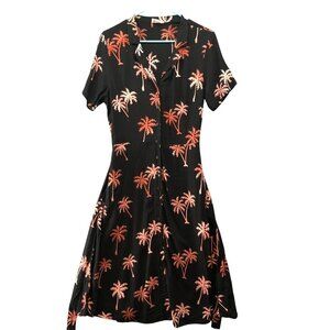 Sugarhill Brighton Palm Print Shirt Dress Size 10 Black Pink Short Sleeve Midi